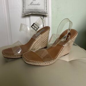 Steve Madden Clear and Tan Wedge Sandals